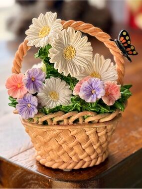 Vintage Decorative Ceramic Flower Basket Cottagecore Figurine Accent